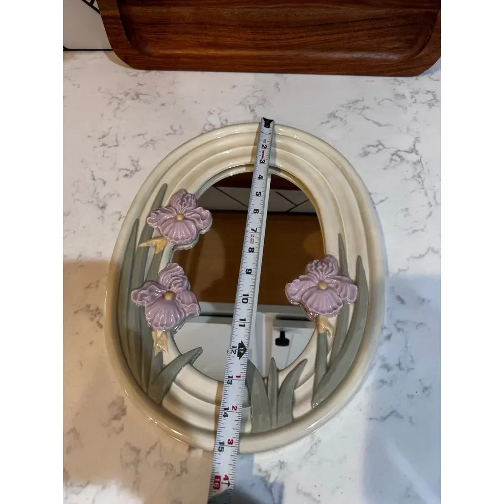 Rare ceramic wall mirror glossy cream finish 3D pink iris flowers green leaves
